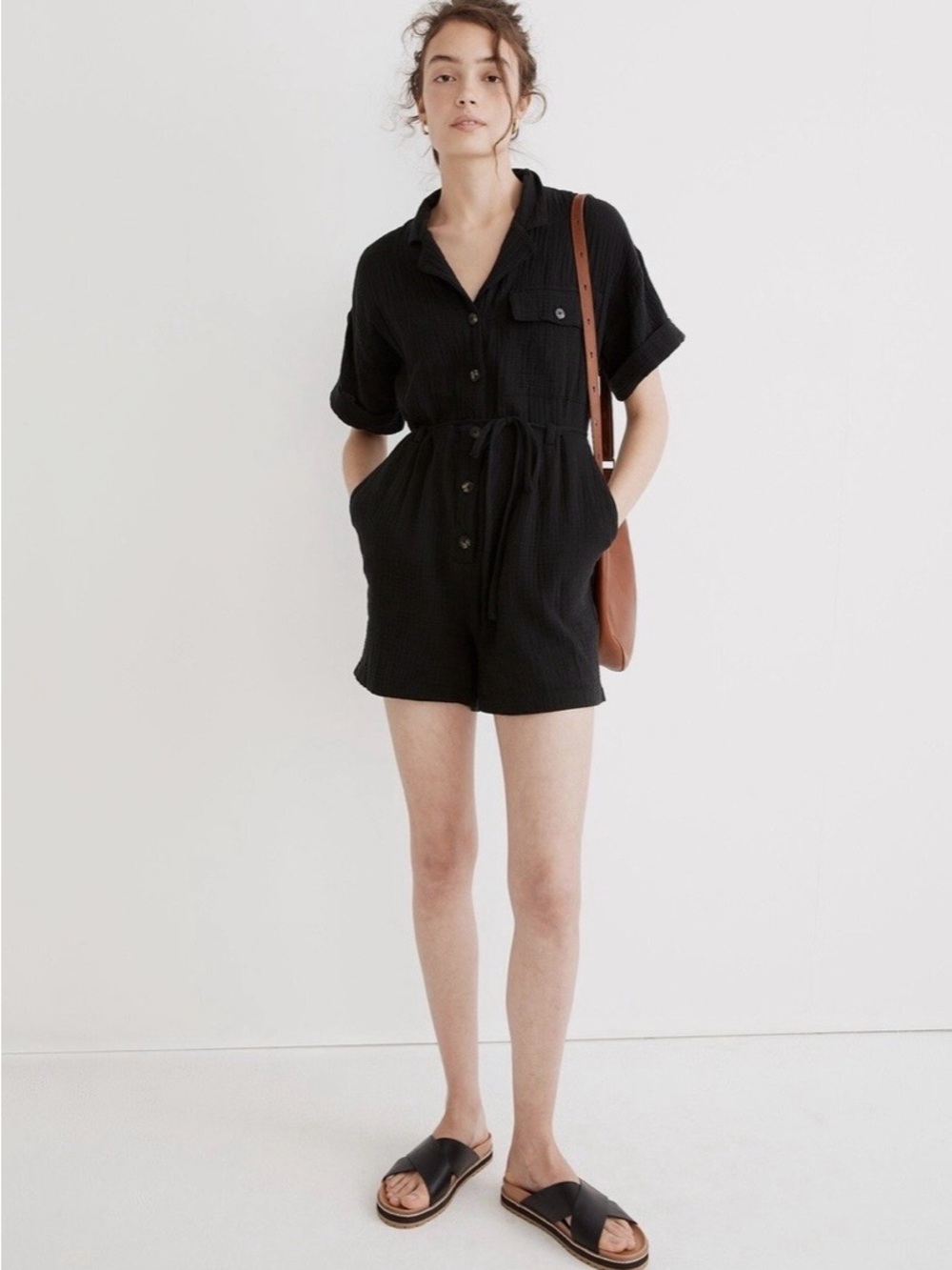 Madewell Womens Sz L light-spun Belted Romper Shorts Gauze Black Short sleeve